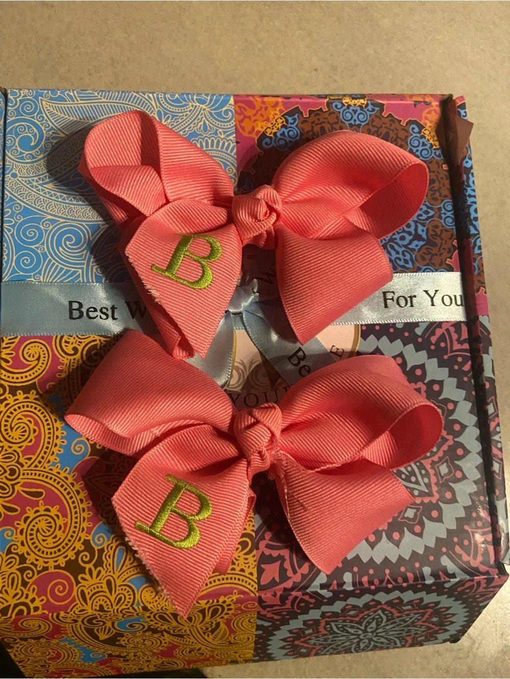 Personalized Coral Pink Girls' Hair Bows with Green 'B' Embroidery - Pair